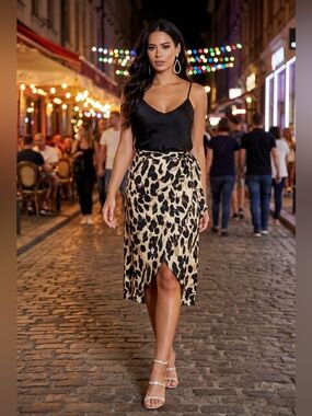 Leopard-Print Asymmetrical Wrap Skirt in Beige and Black
